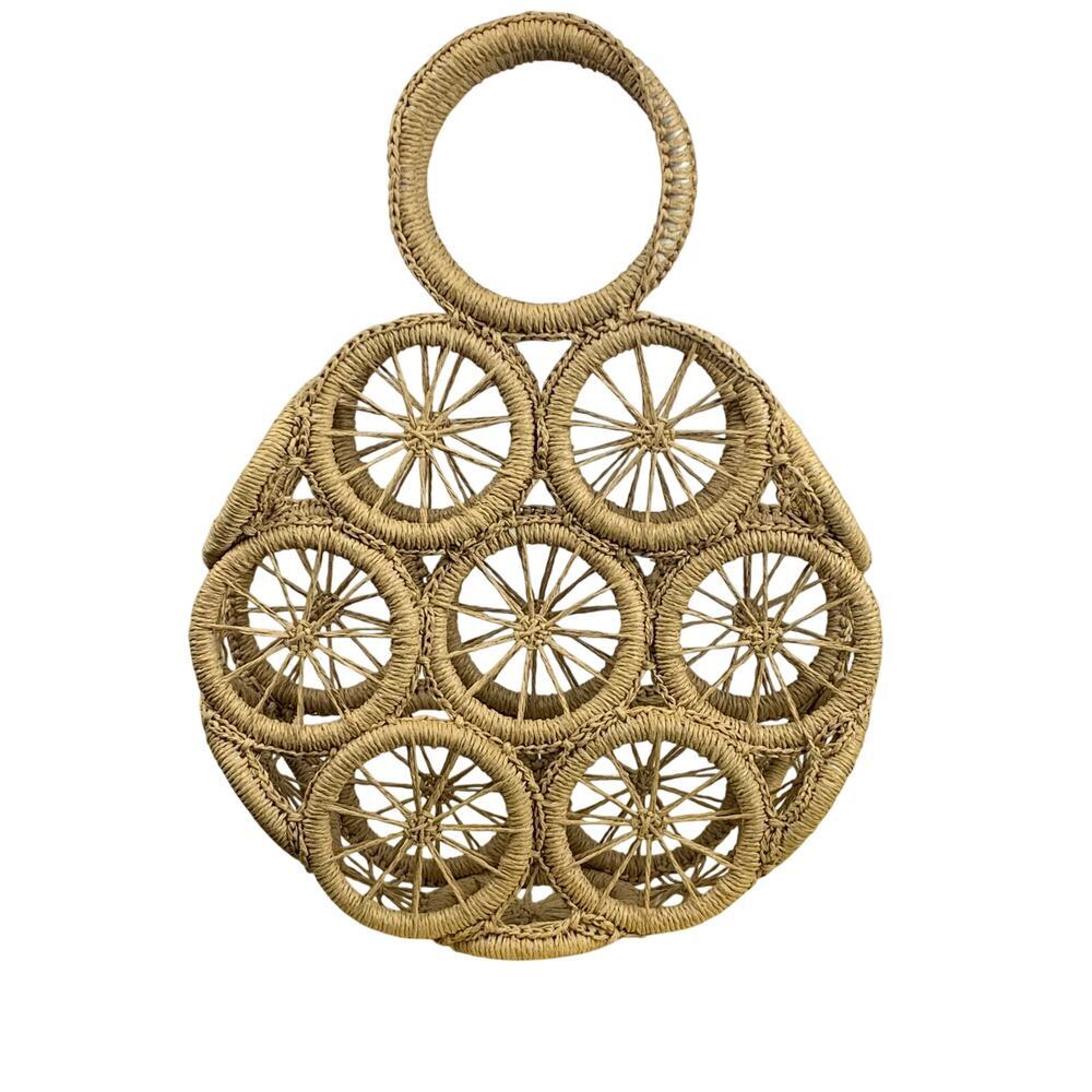 Wicker Round Top Handle Bag Coastal Minimal Straw Natural Summer Beach - Picture 2 of 5